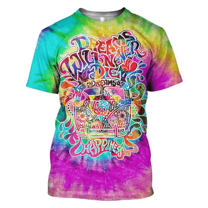  Hippie T-shirt Dream Will Never Die Happiness Car Tie Dye T-shirt Hoodie Adult Colorful Full Print