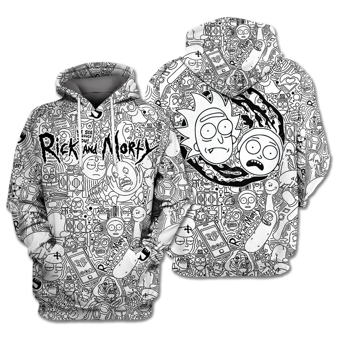  Rick And Morty Hoodie Rick and Morty Doodle Black White Hoodie Apparel Adult Full Print Full Size