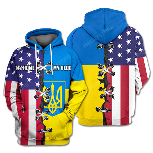 Ukraine T-Shirt Ukraine And America Flag My Home My Blood Hoodie Ukraine Hoodie