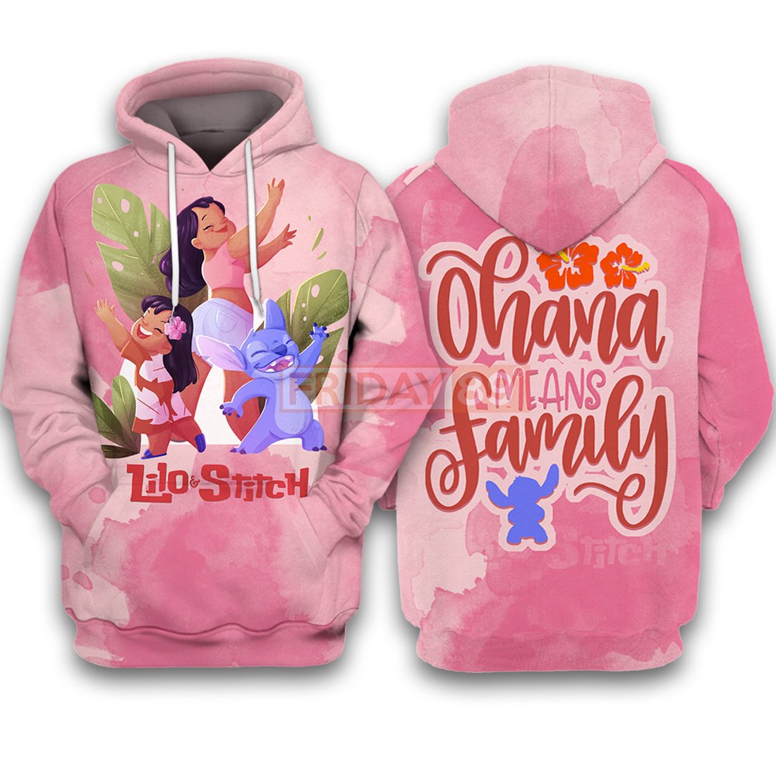 Pink Lilo & Stitch Ohana Means Family All Over Print Hoodie T-shirt