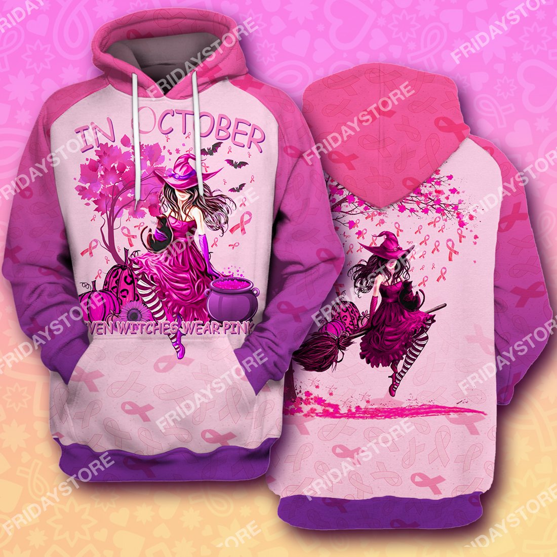 In October Even Witches Wear Pink - Breast Cancer All Over Print Hoodie T-shirt