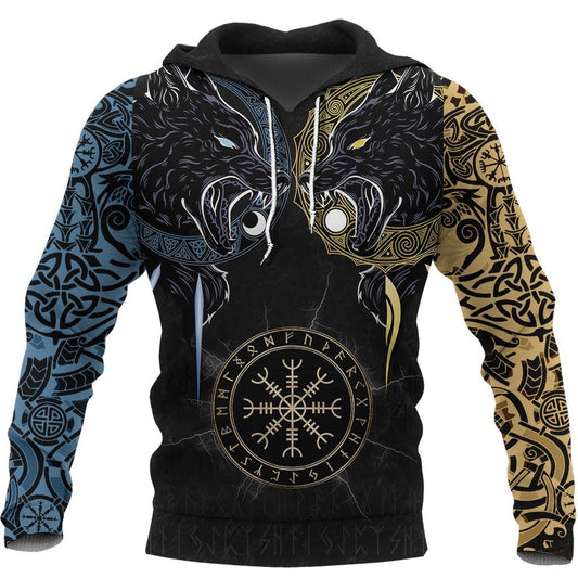  Viking Shirt Viking Hati And Skoll Wolves Blue Yellow Vegvisir The Viking Compass Black T-shirt Viking Hoodie Adult Full Print