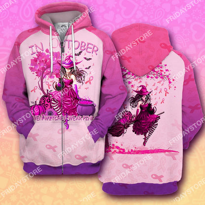 In October Even Witches Wear Pink - Breast Cancer All Over Print Hoodie T-shirt