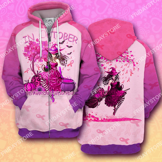 In October Even Witches Wear Pink - Breast Cancer All Over Print Hoodie T-shirt