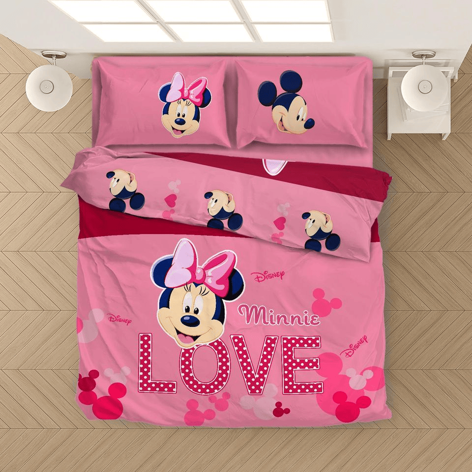 Minnie Bedding Set DN Minnie Love Mouse Ears Pattern Duvet Covers Pink Unique Gift