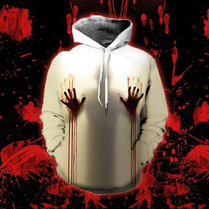  Halloween Hoodie Scary Bloody Hands Through Glass White Hoodie Apparel Unisex Full Size