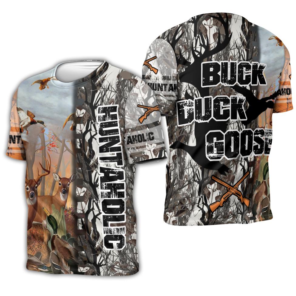  Hunting T-shirt Huntaholic Buck Duck Goose Black White Shirt Hunting Hoodie Adult Full Print Full Size