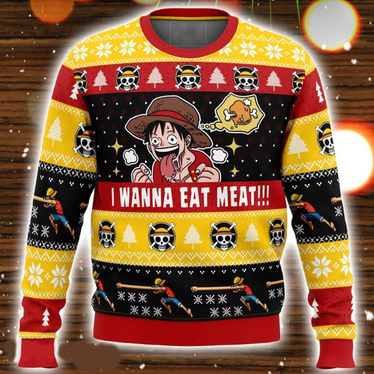 One Piece Sweatshirt I Want To Eat Meat Luffy Sweatshirt Red Yellow Unisex Adults New Release