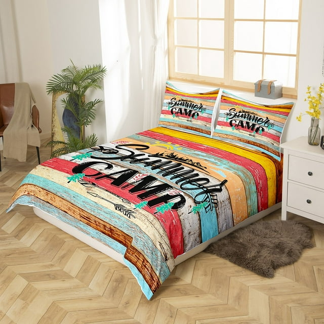 Camping Bedding Set Summer Camp Retro Rustic Wooden Duvet Covers Colorful Unique Gift