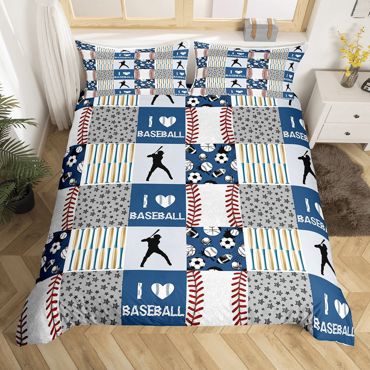 Baseball Bedding Set I Love Baseball Bat Star Pattern Duvet Covers Blue White Unique Gift