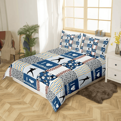 Baseball Bedding Set I Love Baseball Bat Star Pattern Duvet Covers Blue White Unique Gift