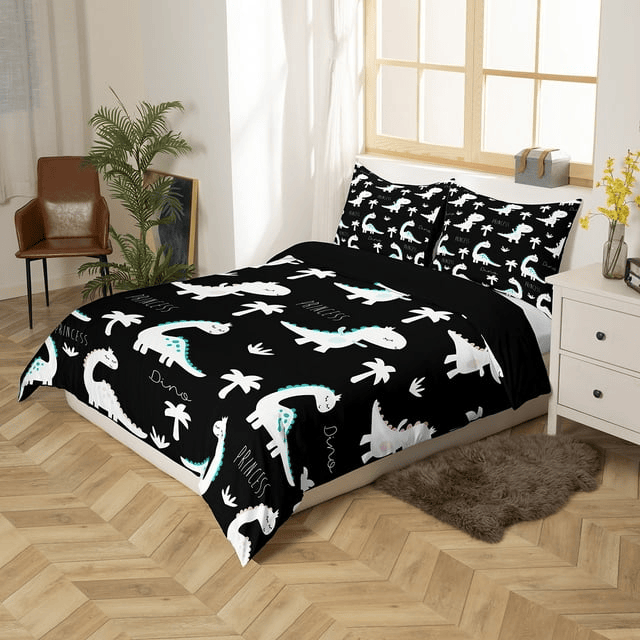 Dinosaur Bedding Set Princess Dinosaur Palm Trees Pattern Duvet Covers Black White Unique Gift