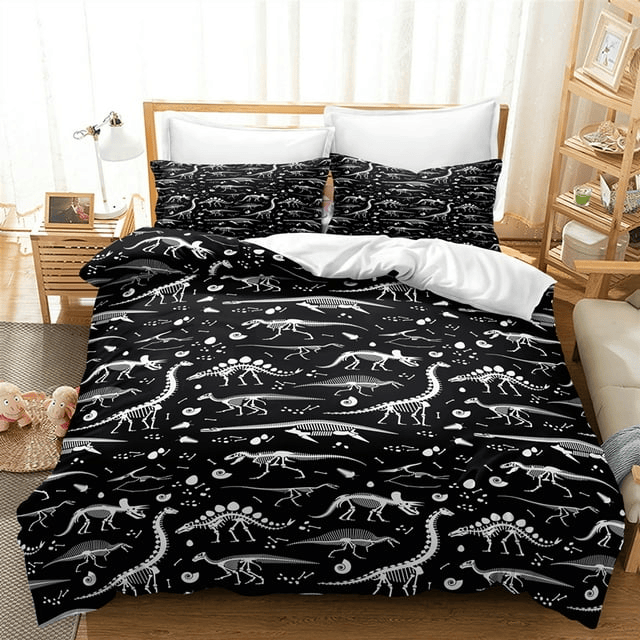 Dinosaur Bedding Set Dinosaurs Fossil Skeleton Pattern Duvet Covers Black White Unique Gift