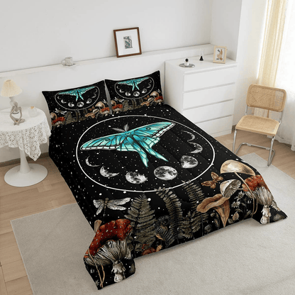 Hippie Bedding Set Moon Moth Hippie Mushroom Duvet Covers Black Unique Gift