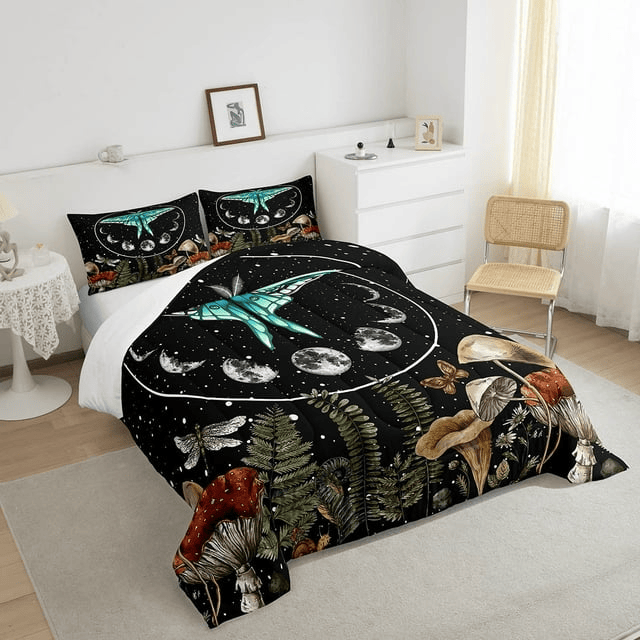 Hippie Bedding Set Moon Moth Hippie Mushroom Duvet Covers Black Unique Gift