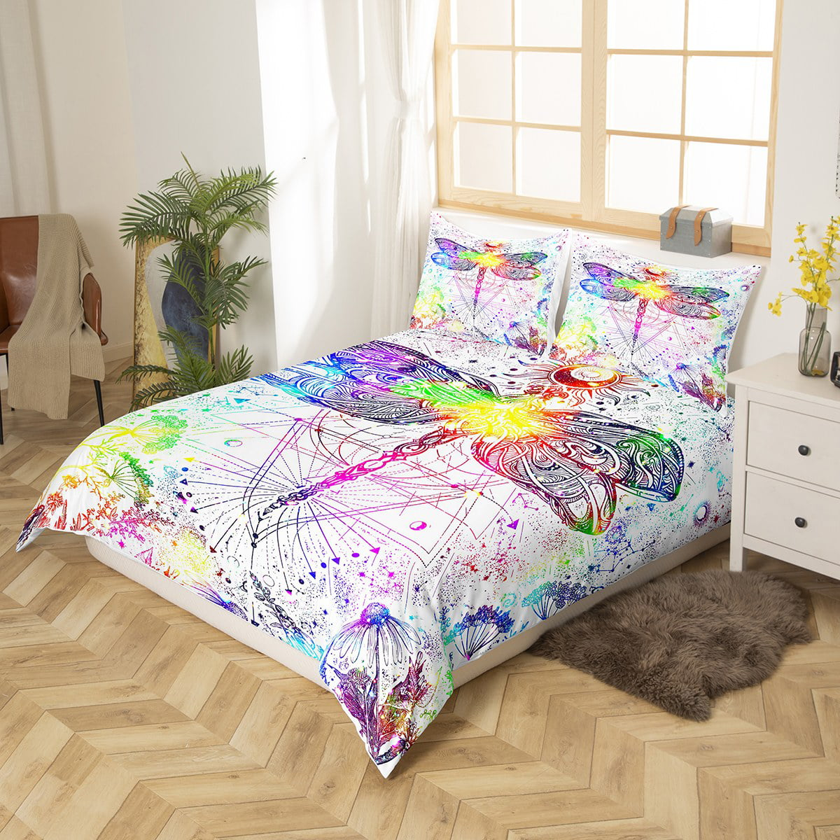 Hippie Bedding Set Sun And Moon Dragonfly Art Duvet Covers Colorful Unique Gift