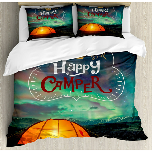 Camping Bedding Set Happy Camper Tent Under Aurora Borealis Duvet Covers Green Orange Unique Gift