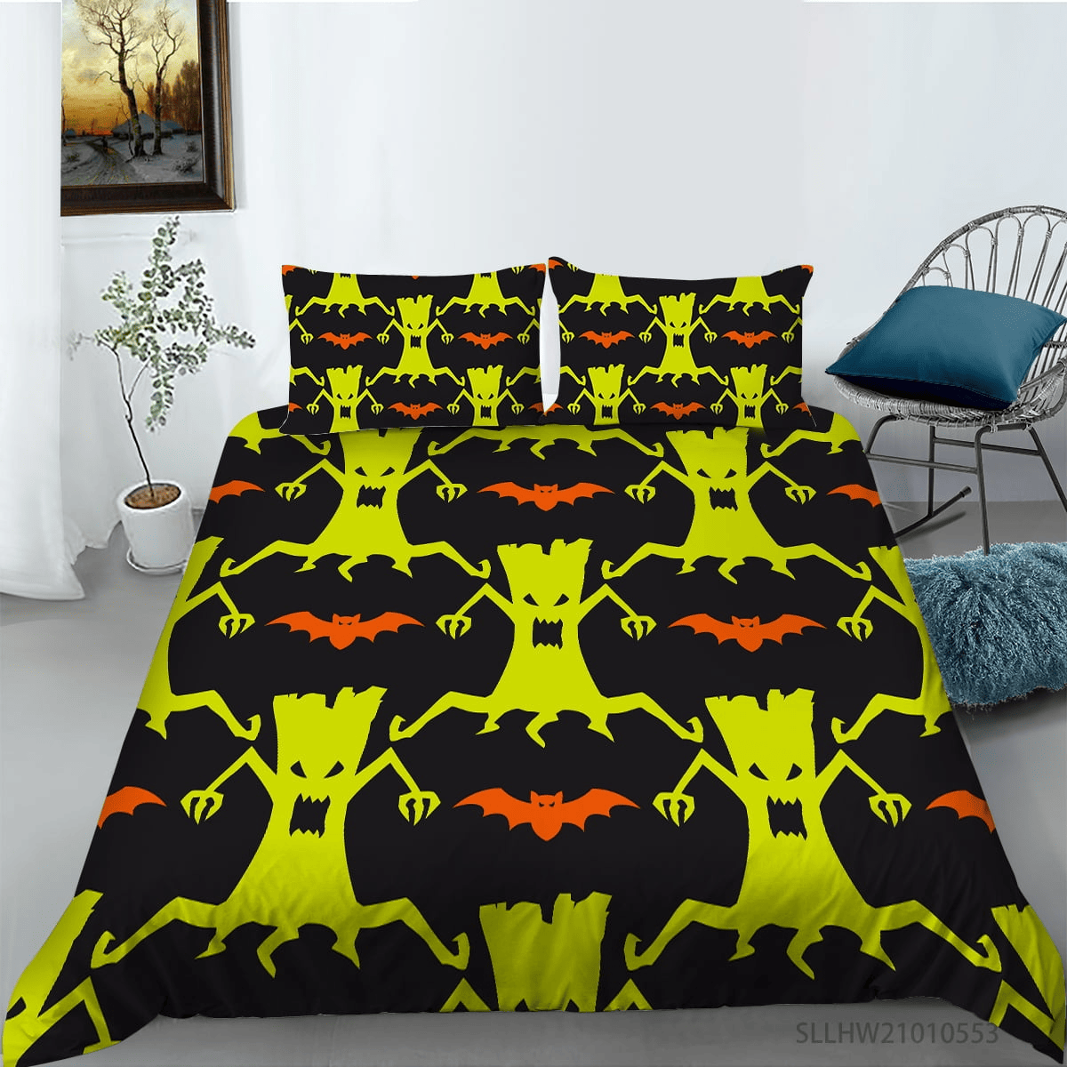 Halloween Bedding Set Scary Ghost Tree Bat Pattern Duvet Covers Green Black Unique Gift