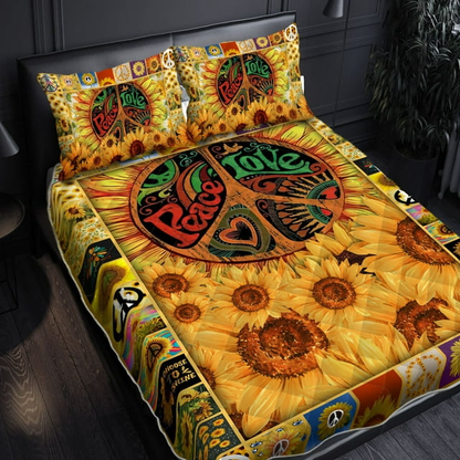 Hippie Bedding Set Peace Love Sunflower Graphic Duvet Covers Yellow Unique Gift