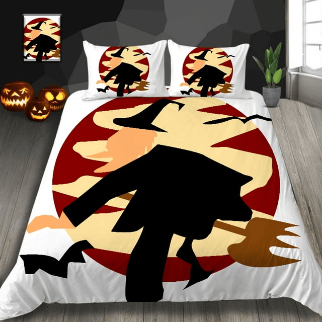 Halloween Bedding Set Witch Flying On Broomstick Drawing Duvet Covers Colorful Unique Gift