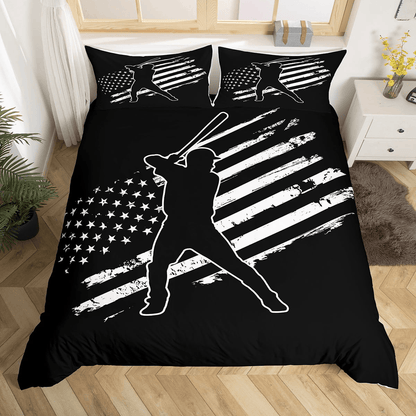 Baseball Bedding Set American Flag Grunge Baseball Player Duvet Covers Black White Unique Gift