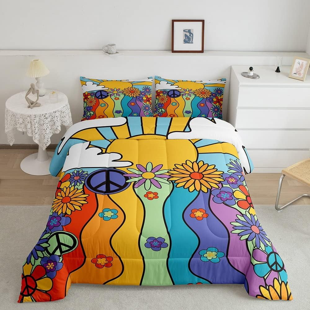 Hippie Bedding Set Sun Moon Peace Sign Flower Pattern Duvet Covers Colorful Unique Gift