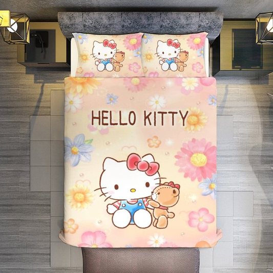 Hello Kitty Bedding Set Hello Kitty With Teddy Bear Flowers Pattern Duvet Covers Colorful Unique Gift