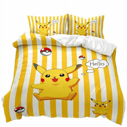 PKM Bedding Set PKM Pikachu Hello Stripes Duvet Covers Yellow White Unique Gift