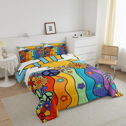 Hippie Bedding Set Sun Moon Peace Sign Flower Pattern Duvet Covers Colorful Unique Gift