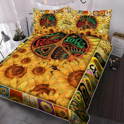 Hippie Bedding Set Peace Love Sunflower Graphic Duvet Covers Yellow Unique Gift