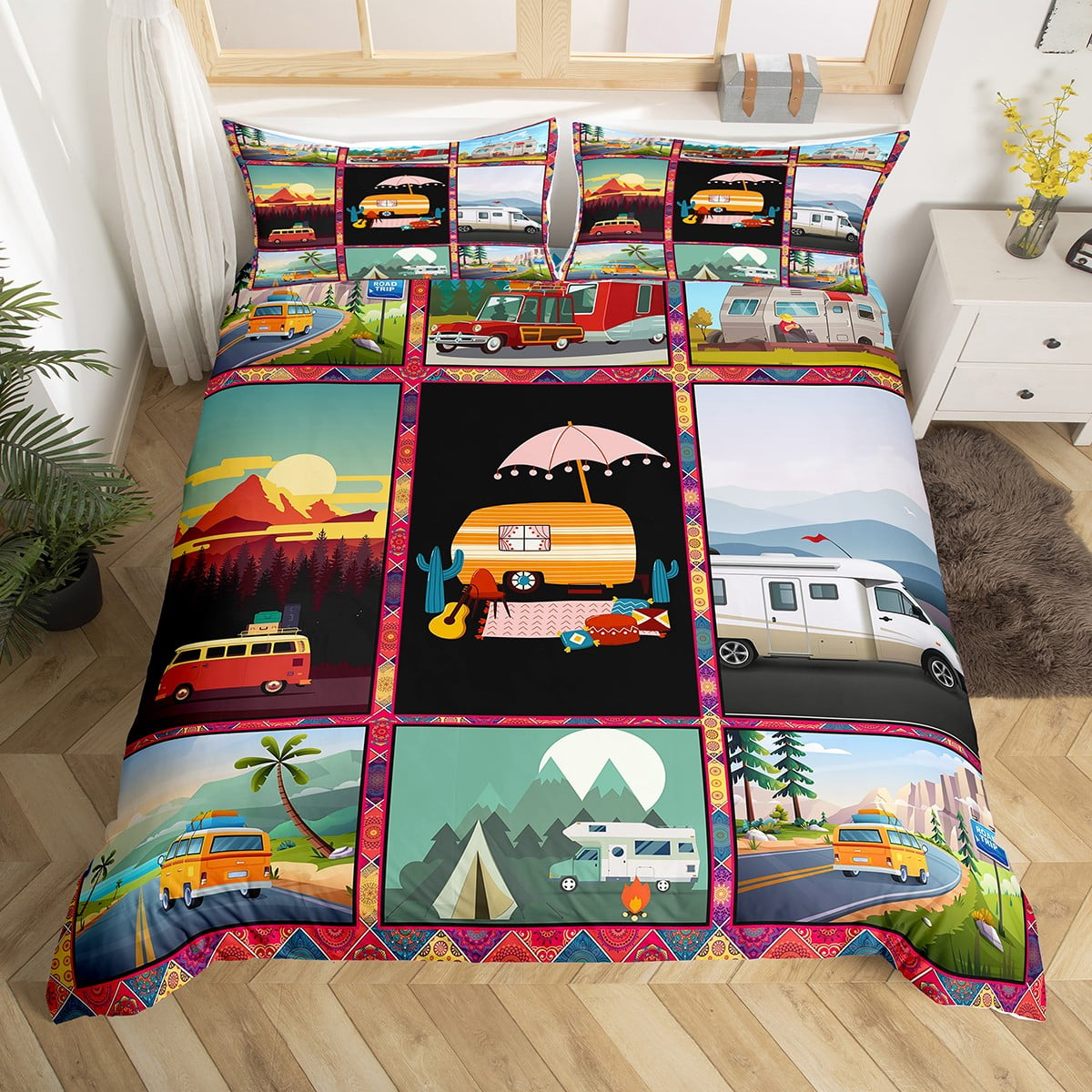 Camping Bedding Set Bohemian Western Camping Vans Duvet Covers Colorful Unique Gift