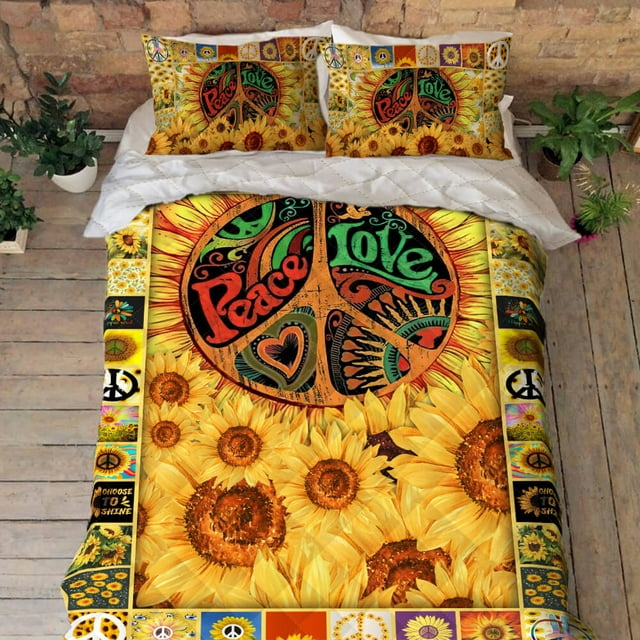 Hippie Bedding Set Peace Love Sunflower Graphic Duvet Covers Yellow Unique Gift