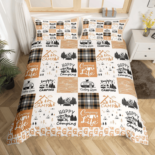 Camping Bedding Set Camping Life Happy Camping Duvet Covers White Brown Unique Gift