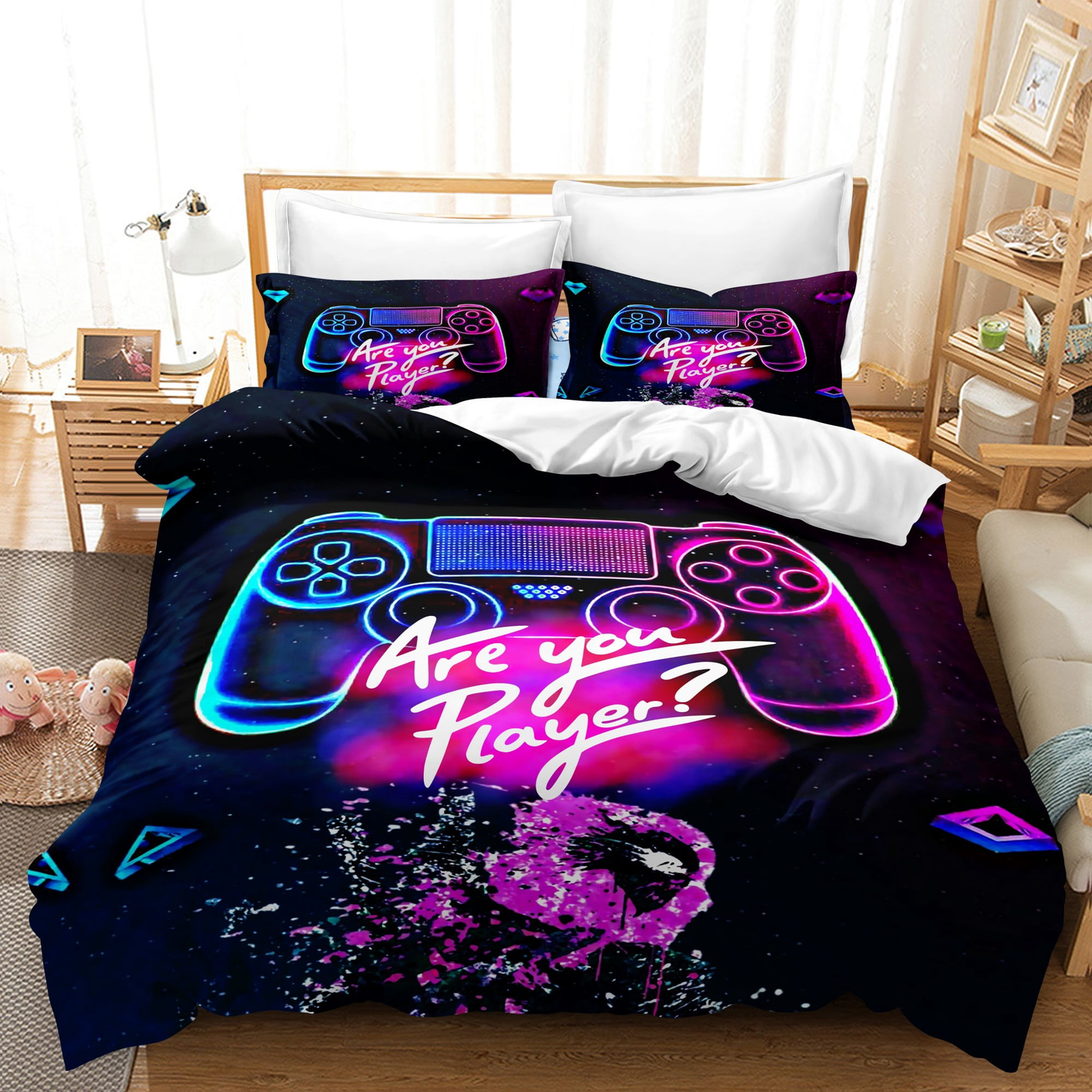 Game Bedding Set Are You A Player Console Neon Light Duvet Covers Pink Blue Unique Gift