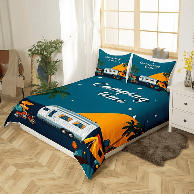 Camping Bedding Set Van Camping Time Beach Duvet Covers Blue Unique Gift