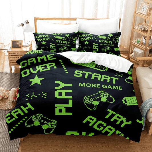 Game Bedding Set Play Start Try Again More Game Duvet Covers Black Green Unique Gift