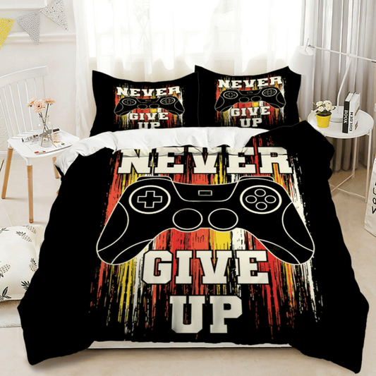 Game Bedding Set Never Give Up Game Controller Duvet Covers Black Orange Unique Gift