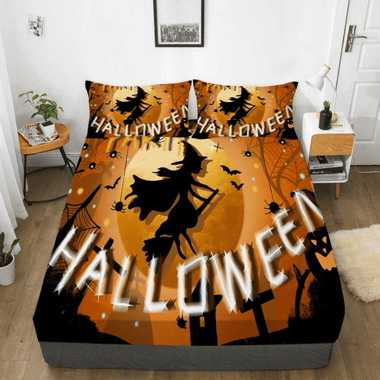 Halloween Bedding Set Halloween Witch On Broomstick Duvet Covers Orange Unique Gift