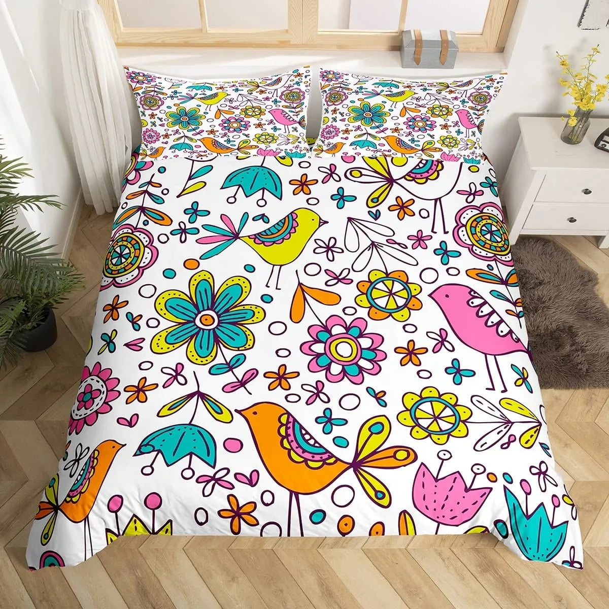 Hippie Bedding Set Flowers Birds Hippie Style Pattern Duvet Covers Colorful Unique Gift