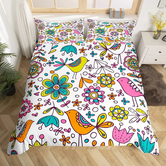 Hippie Bedding Set Flowers Birds Hippie Style Pattern Duvet Covers Colorful Unique Gift