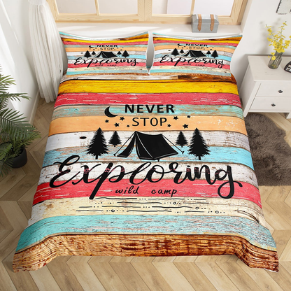 Camping Bedding Set Never Stop Exploring Wild Camp Duvet Covers Colorful Unique Gift