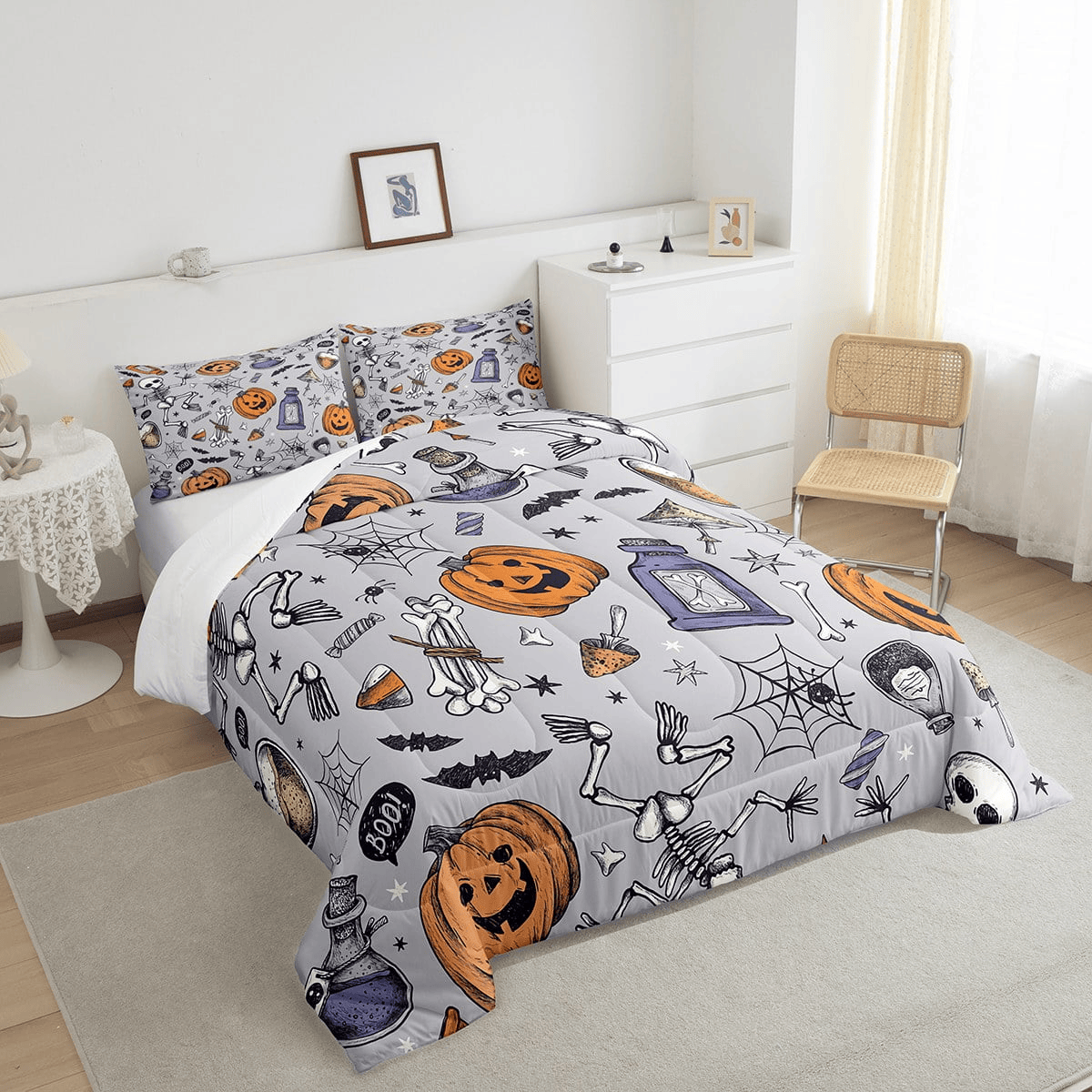 Halloween Bedding Set Pumpkin Skeleton Potions Pattern Duvet Covers Purple Unique Gift