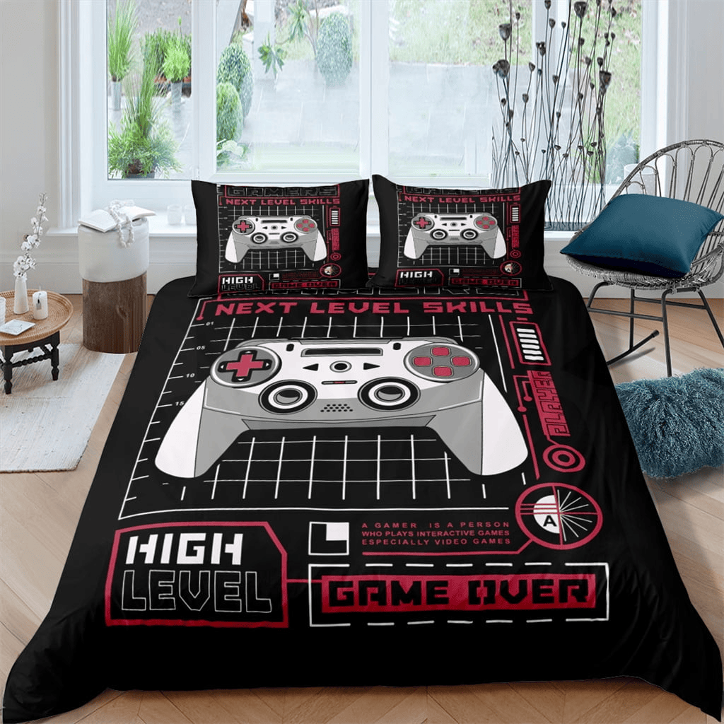 Game Bedding Set Next Level Skill High Level Duvet Covers Black Red Unique Gift