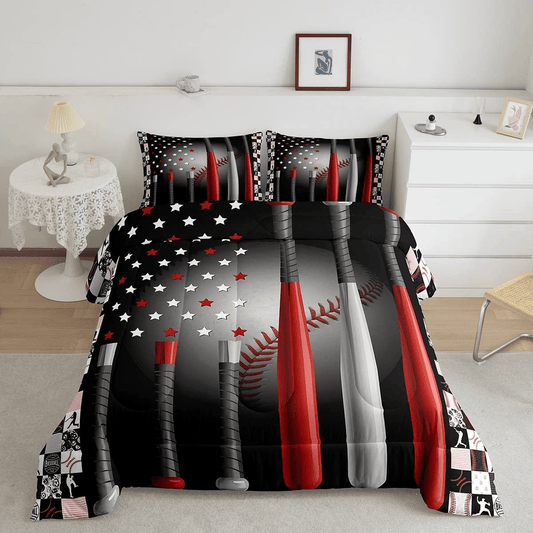 Baseball Bedding Set Baseball Bat Handle Stars Pattern Duvet Covers Black Red Unique Gift