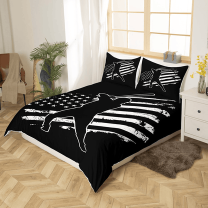 Baseball Bedding Set American Flag Grunge Baseball Player Duvet Covers Black White Unique Gift