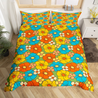 Hippie Bedding Set Hippie Retro Groovy Flowers Duvet Covers Colorful Unique Gift