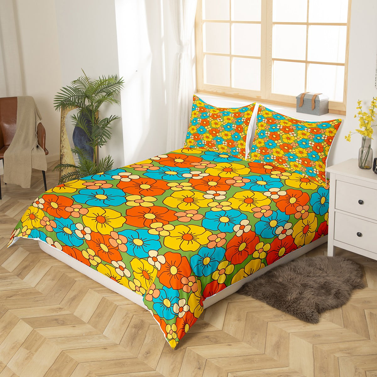 Hippie Bedding Set Hippie Retro Groovy Flowers Duvet Covers Colorful Unique Gift