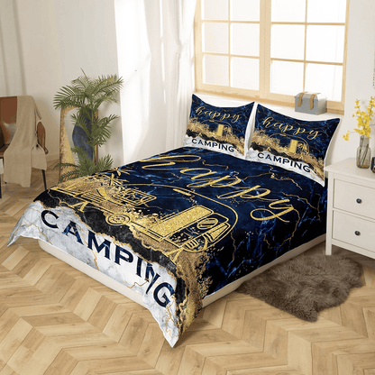 Camping Bedding Set Happy Camping Marble Pattern Duvet Covers Blue White Unique Gift