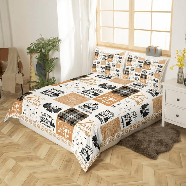 Camping Bedding Set Camping Life Happy Camping Duvet Covers White Brown Unique Gift