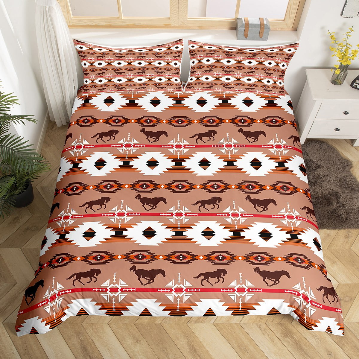 Horse Bedding Set Horse Indian Tribal Geometry Duvet Covers Brown Unique Gift